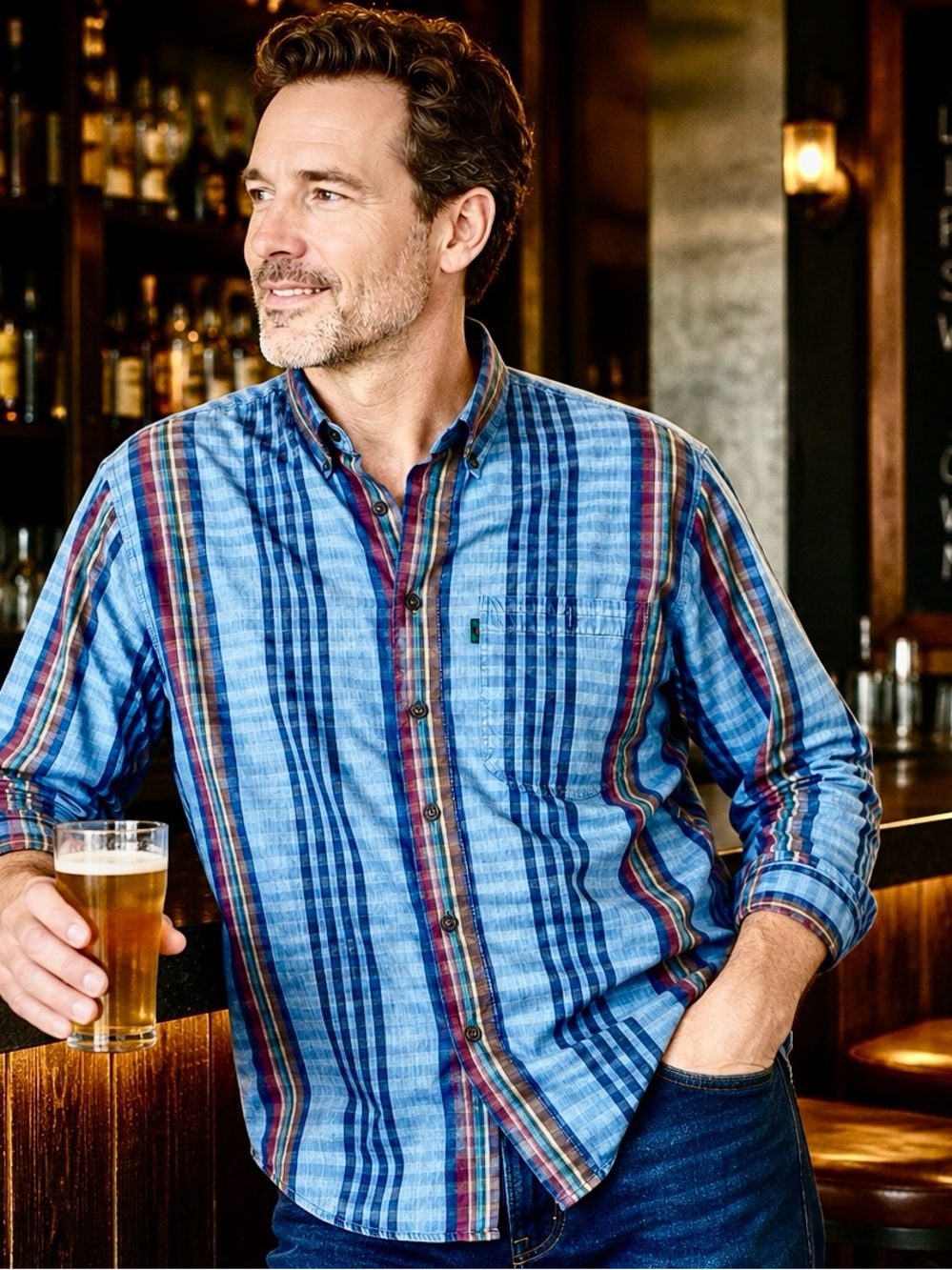Alexander Julian Blue Plaid Button-Down Shirt‎ with Red and Yellow Stripes